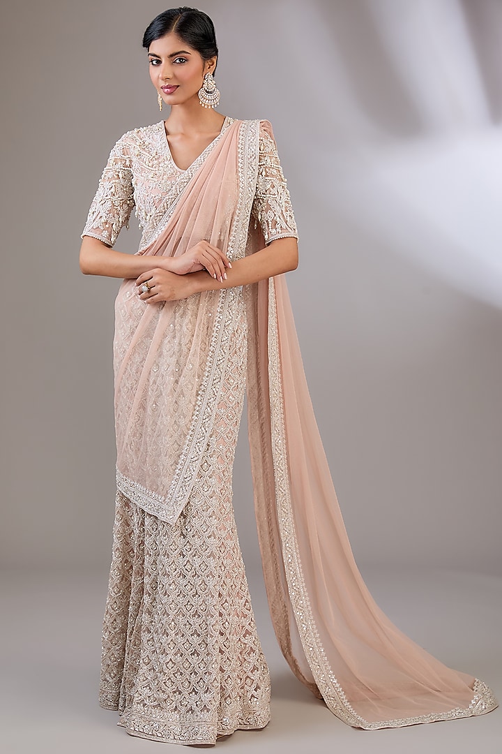 Dusty Pink Net Embroidered Skirt Saree Set by Ridhi Mehra at Pernia's Pop Up Shop