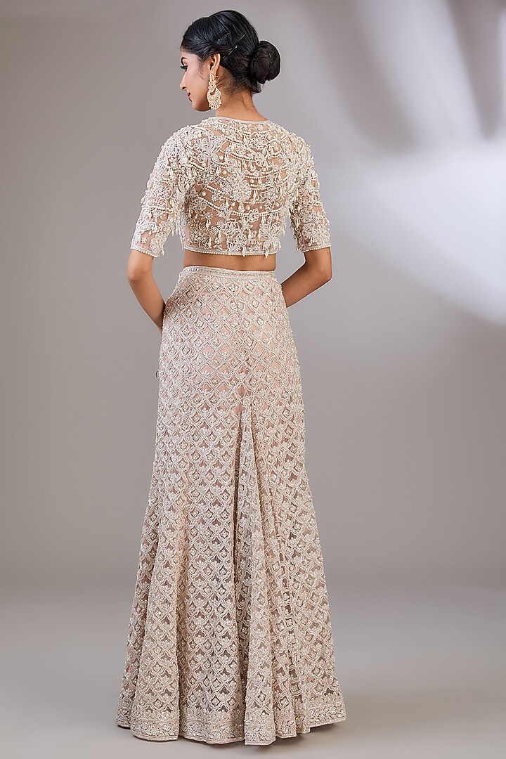 Dusty Pink Net Embroidered Skirt Bridal Saree Set by Ridhi Mehra at Pernia's Pop Up Shop