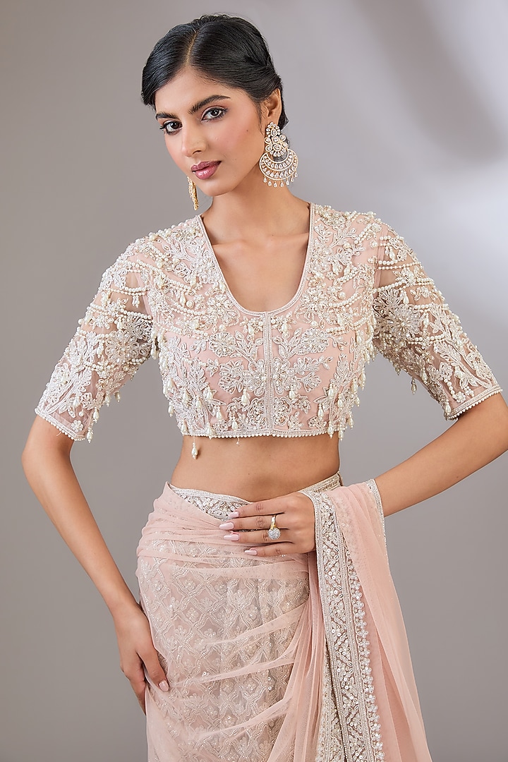 Dusty Pink Net Embroidered Skirt Bridal Saree Set by Ridhi Mehra at Pernia's Pop Up Shop