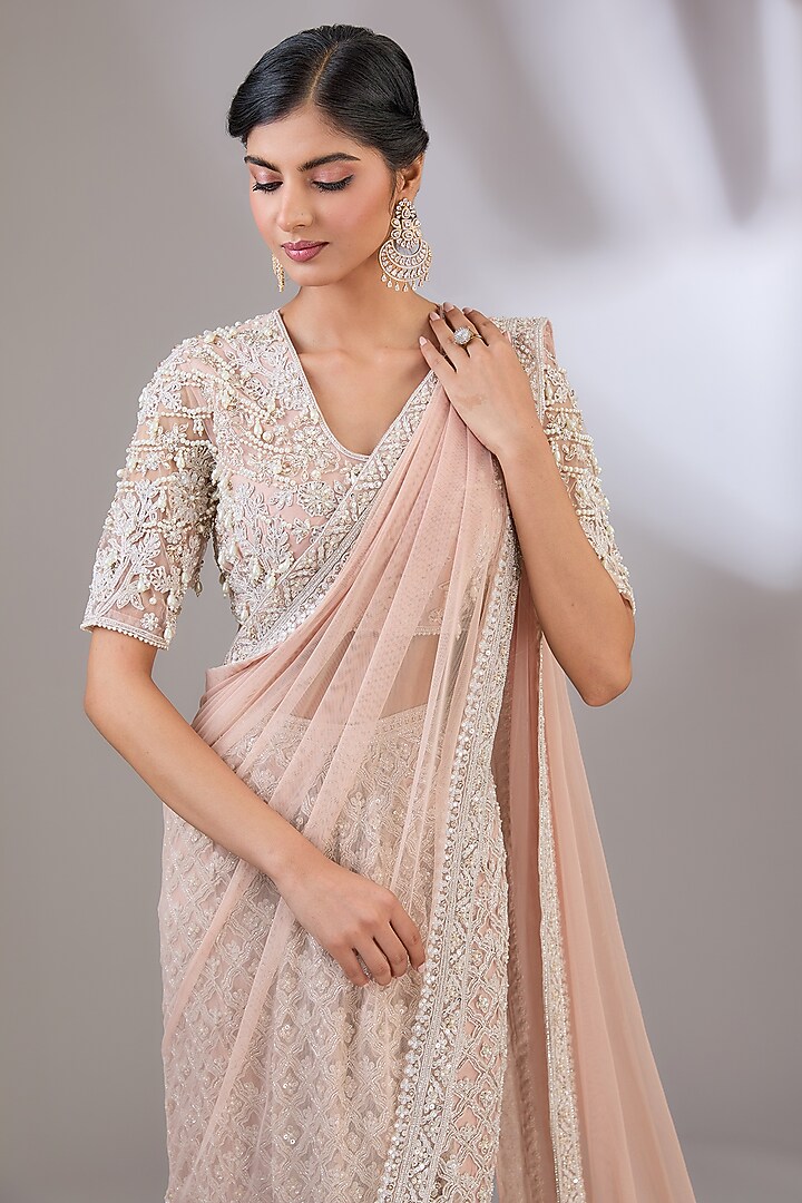 Dusty Pink Net Embroidered Skirt Bridal Saree Set by Ridhi Mehra at Pernia's Pop Up Shop