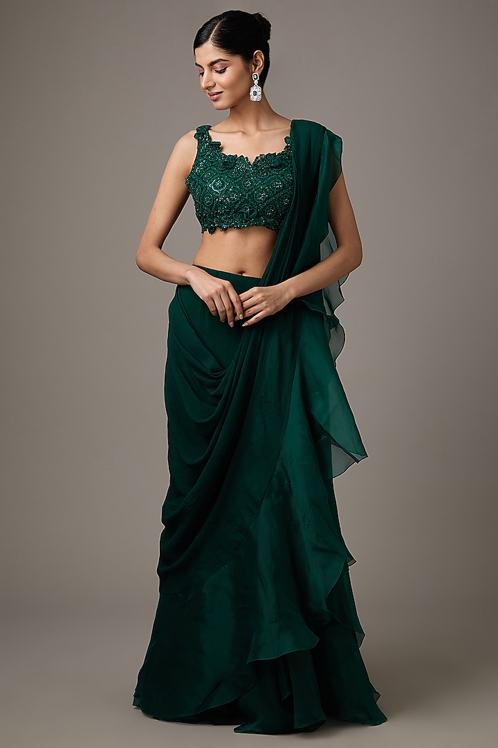 Emerald Green Chiffon & Organza Draped Saree Set by Ridhi Mehra