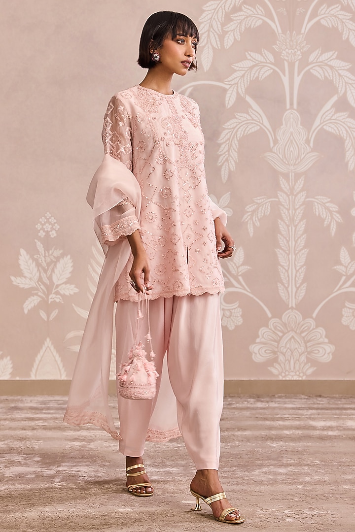 Powder Pink Organza Placement Embroidered Kurta Set by Ridhi Mehra at Pernia's Pop Up Shop