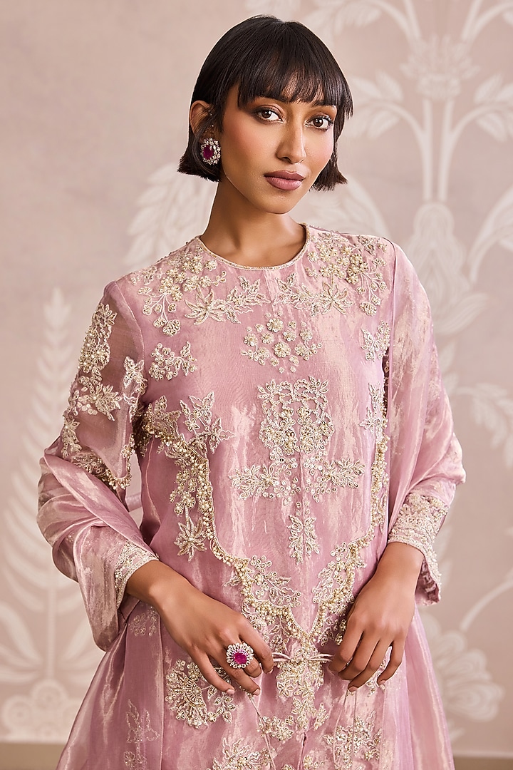 Lilac Gold Tissue Embroidered Bridal Sharara Set by Ridhi Mehra at Pernia's Pop Up Shop