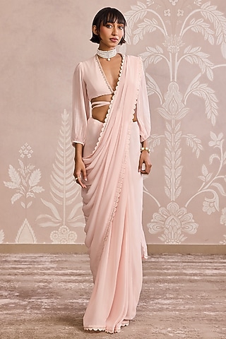 Powder Pink Georgette Placement Embroidered Saree Set by Ridhi Mehra