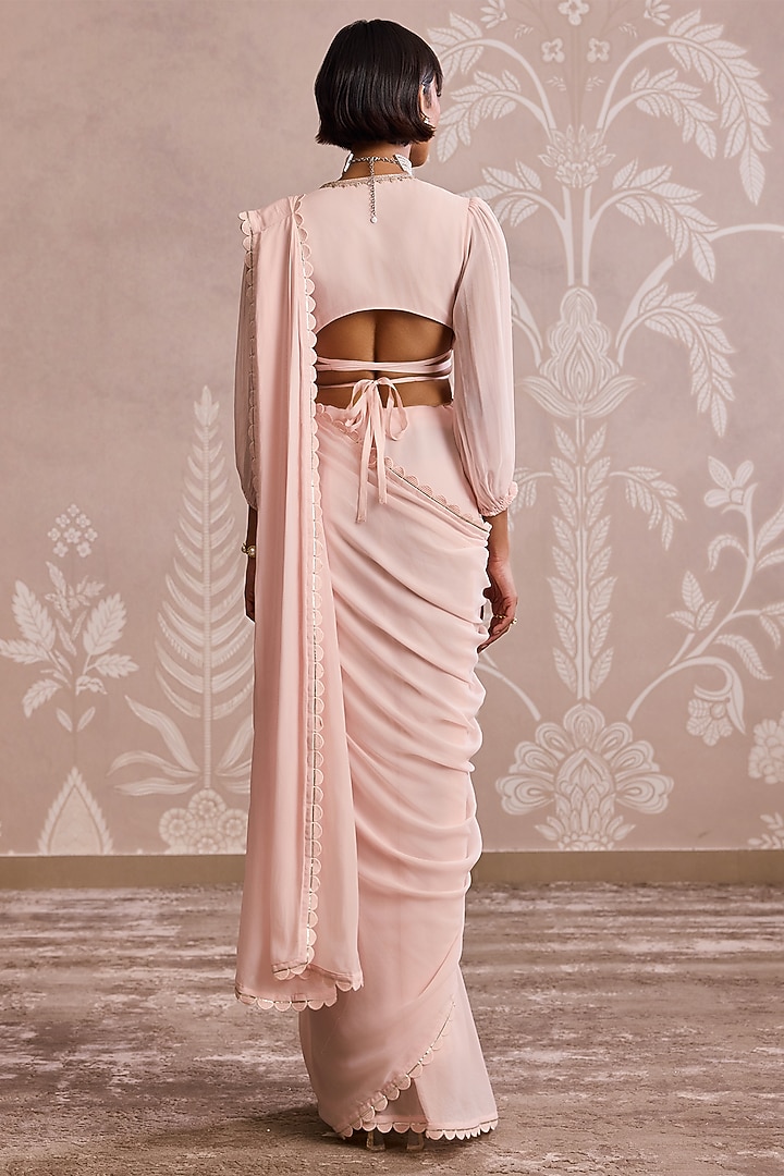 Powder Pink Georgette Placement Embroidered Wedding Saree Set by Ridhi Mehra at Pernia's Pop Up Shop