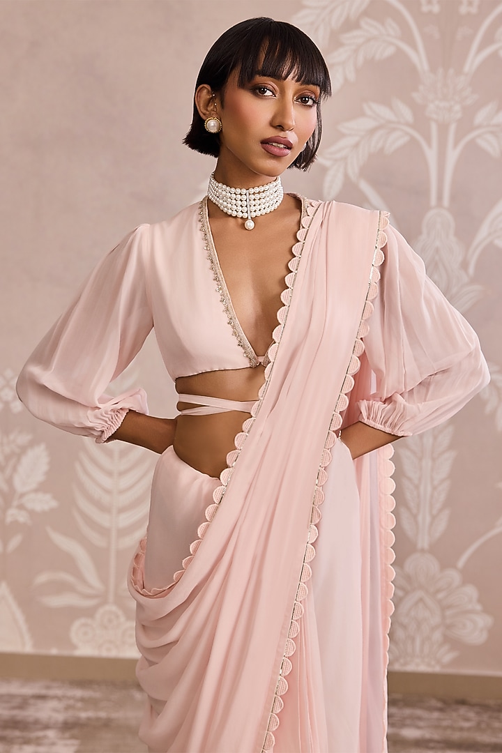 Powder Pink Georgette Placement Embroidered Wedding Saree Set by Ridhi Mehra at Pernia's Pop Up Shop