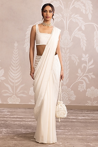 Ivory Fine Silk Embroidered Saree Set by Ridhi Mehra
