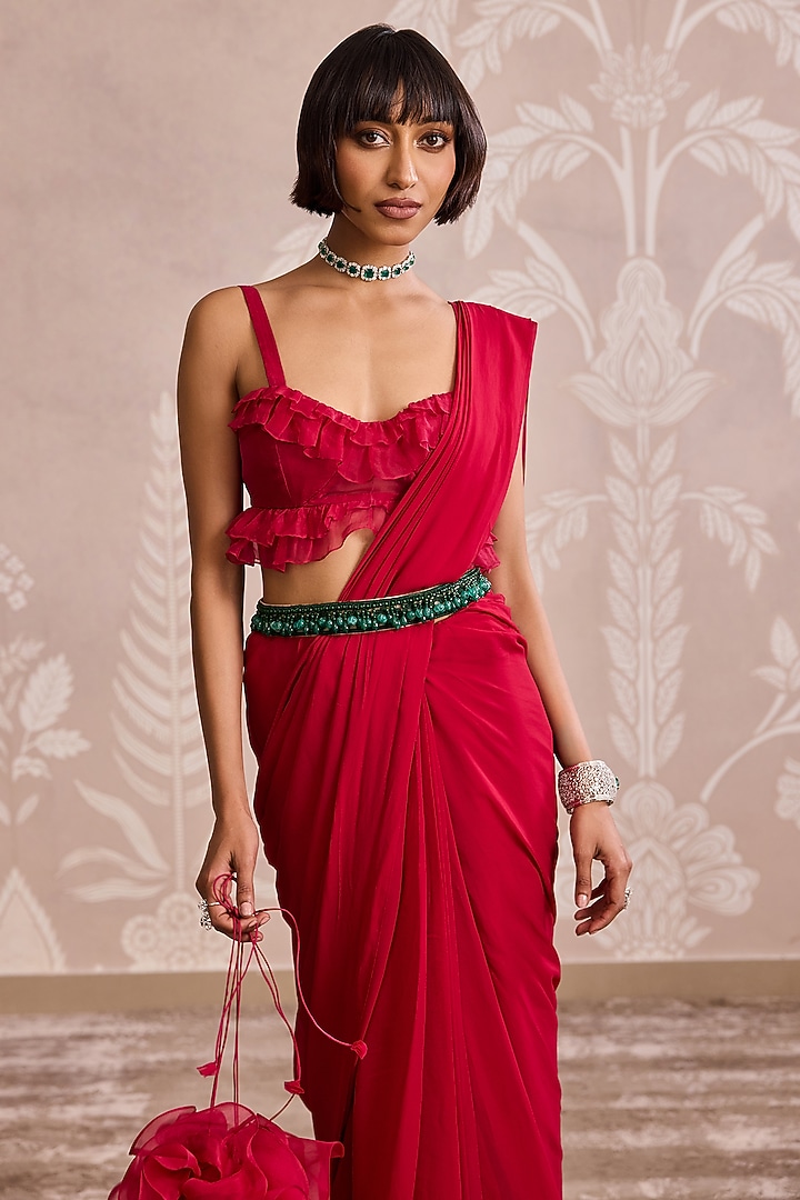 Red Georgette Ruffled Wedding Saree Set by Ridhi Mehra at Pernia's Pop Up Shop