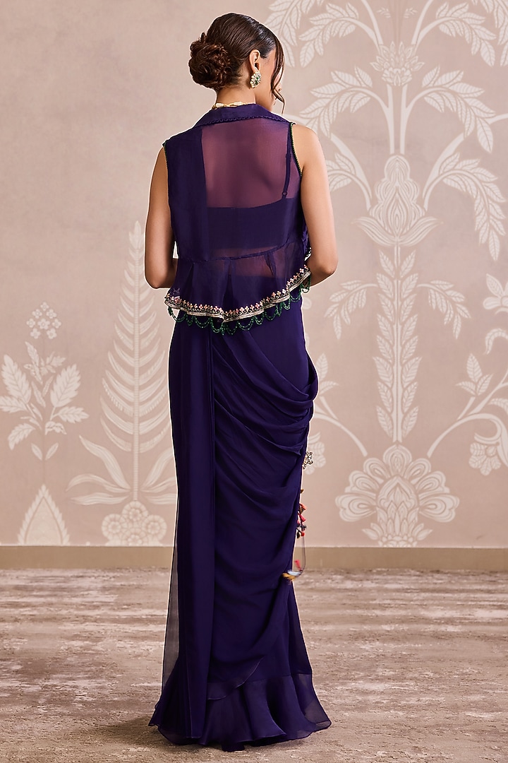 Purple Georgette Floral Embroidered Jacket Ruffled Wedding Saree Set by Ridhi Mehra at Pernia's Pop Up Shop