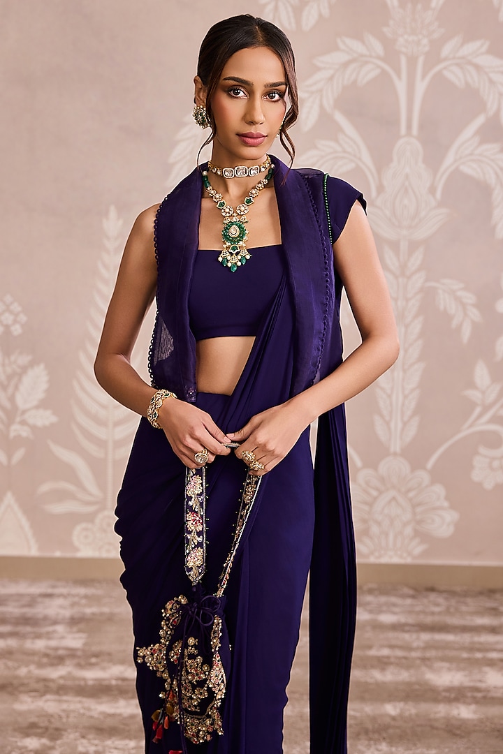 Purple Georgette Floral Embroidered Jacket Ruffled Wedding Saree Set by Ridhi Mehra at Pernia's Pop Up Shop
