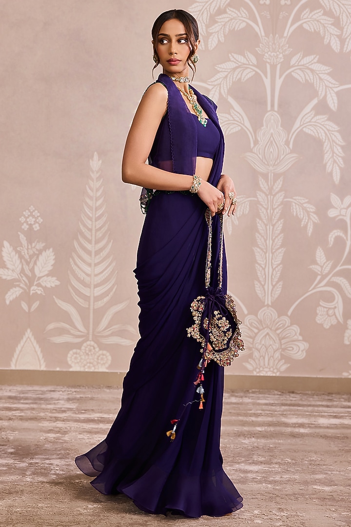 Purple Georgette Floral Embroidered Jacket Ruffled Wedding Saree Set by Ridhi Mehra at Pernia's Pop Up Shop