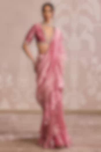 Fuchsia Gold Tissue Placement Embroidered Ruffled Wedding Saree Set by Ridhi Mehra at Pernia's Pop Up Shop