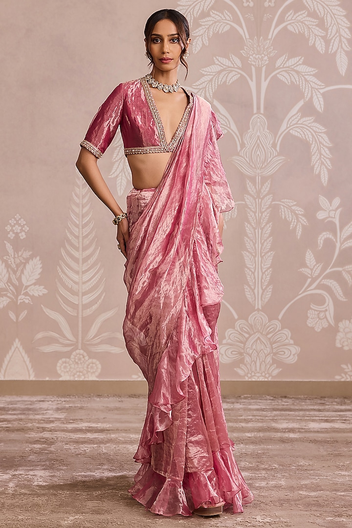 Fuchsia Gold Tissue Placement Embroidered Ruffled Wedding Saree Set by Ridhi Mehra at Pernia's Pop Up Shop