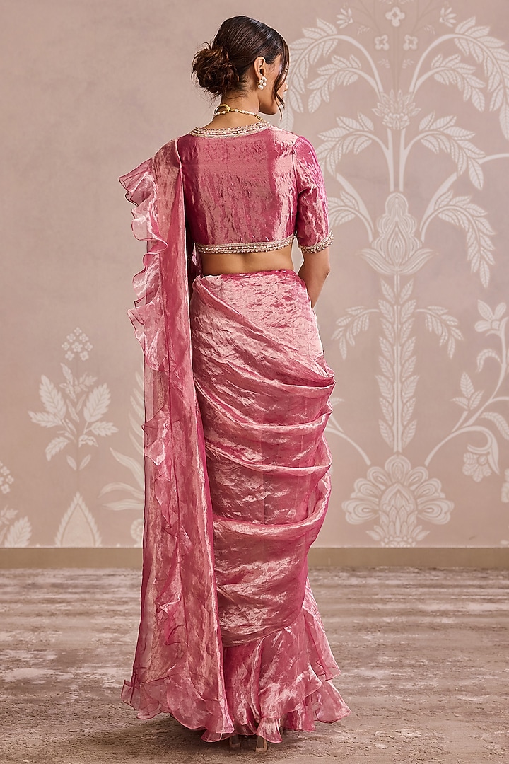 Fuchsia Gold Tissue Placement Embroidered Ruffled Wedding Saree Set by Ridhi Mehra at Pernia's Pop Up Shop