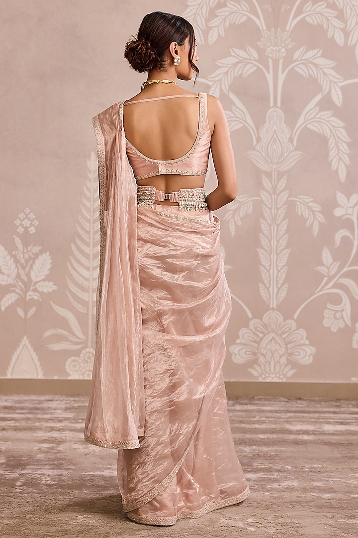 Rose Gold Tissue Placement Embroidered Wedding Saree Set by Ridhi Mehra at Pernia's Pop Up Shop