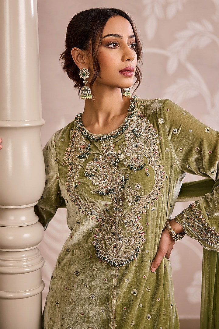 Olive Green Organza Bridal Sharara Set by Ridhi Mehra at Pernia's Pop Up Shop