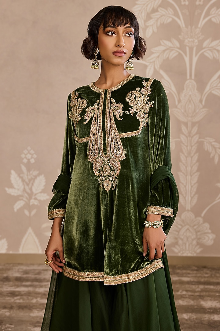 Military Green Organza Placement Embroidered Bridal Sharara Set by Ridhi Mehra at Pernia's Pop Up Shop
