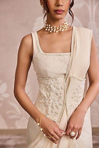 Ivory Jacquard Embroidered Corset Belt by Ridhi Mehra