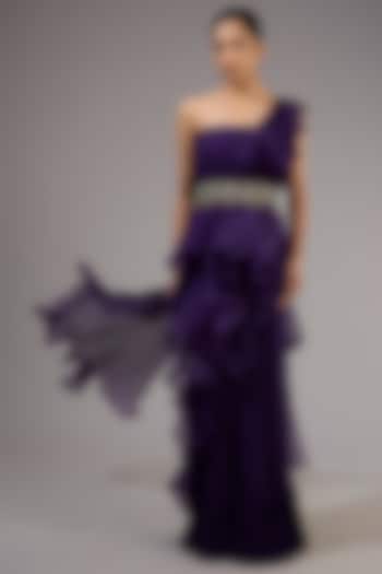 Purple Chiffon & Organza Ruffled Reception Gown Saree With Belt by Ridhi Mehra at Pernia's Pop Up Shop