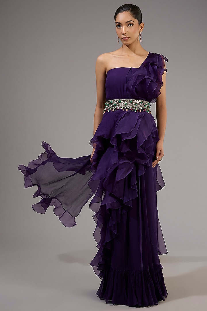 Purple Chiffon & Organza Ruffled Reception Gown Saree With Belt by Ridhi Mehra at Pernia's Pop Up Shop