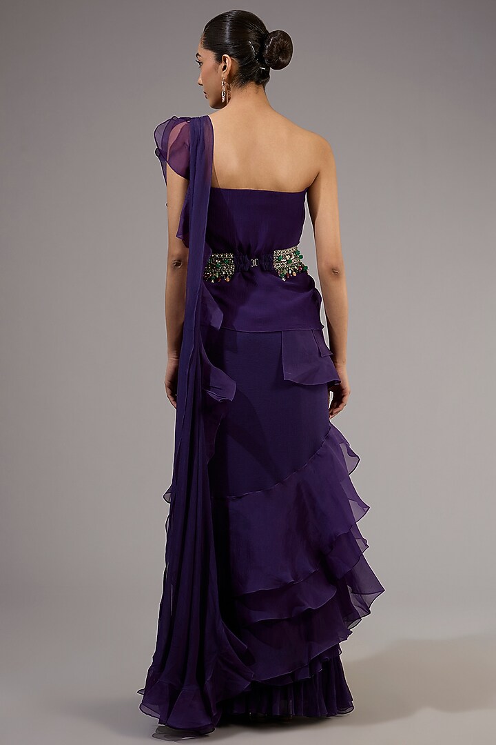 Purple Chiffon & Organza Ruffled Reception Gown Saree With Belt by Ridhi Mehra at Pernia's Pop Up Shop
