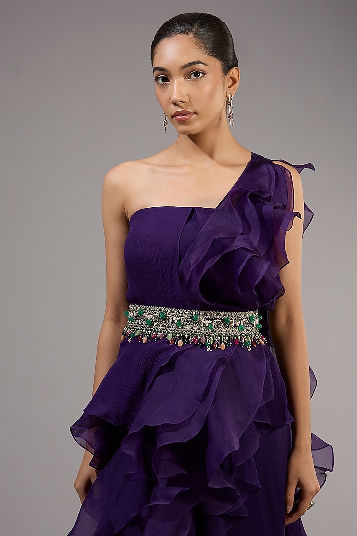 Purple Chiffon & Organza Ruffled Reception Gown Saree With Belt by Ridhi Mehra at Pernia's Pop Up Shop
