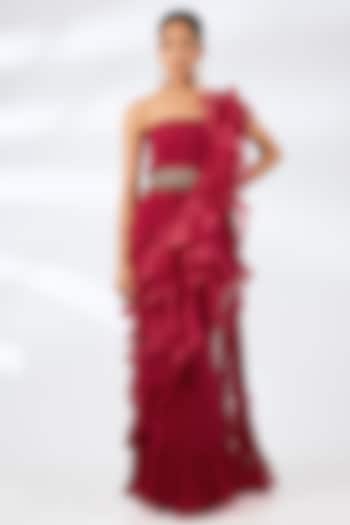 Red Chiffon & Organza Ruffled Reception Gown Saree With Belt by Ridhi Mehra at Pernia's Pop Up Shop