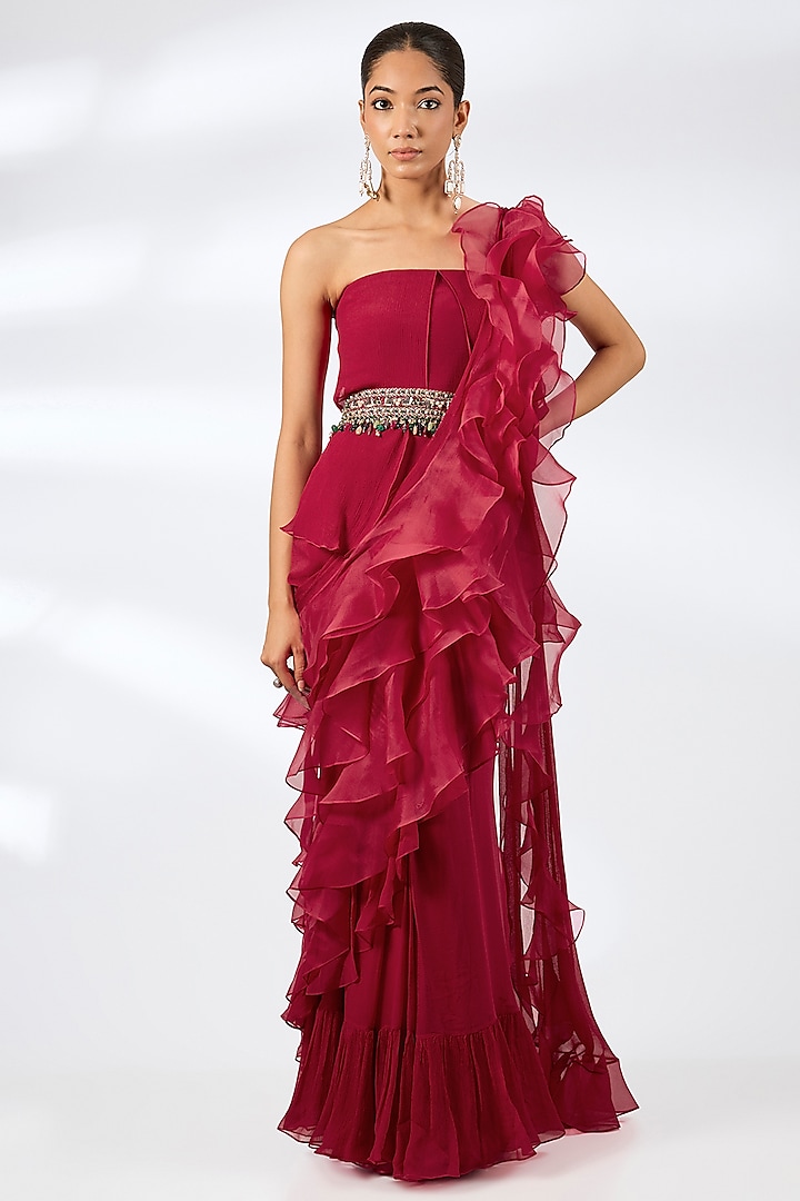 Red Chiffon & Organza Ruffled Reception Gown Saree With Belt by Ridhi Mehra at Pernia's Pop Up Shop