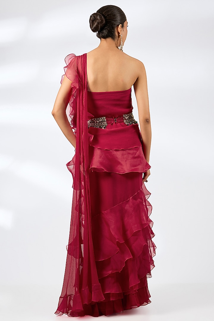 Red Chiffon & Organza Ruffled Reception Gown Saree With Belt by Ridhi Mehra at Pernia's Pop Up Shop