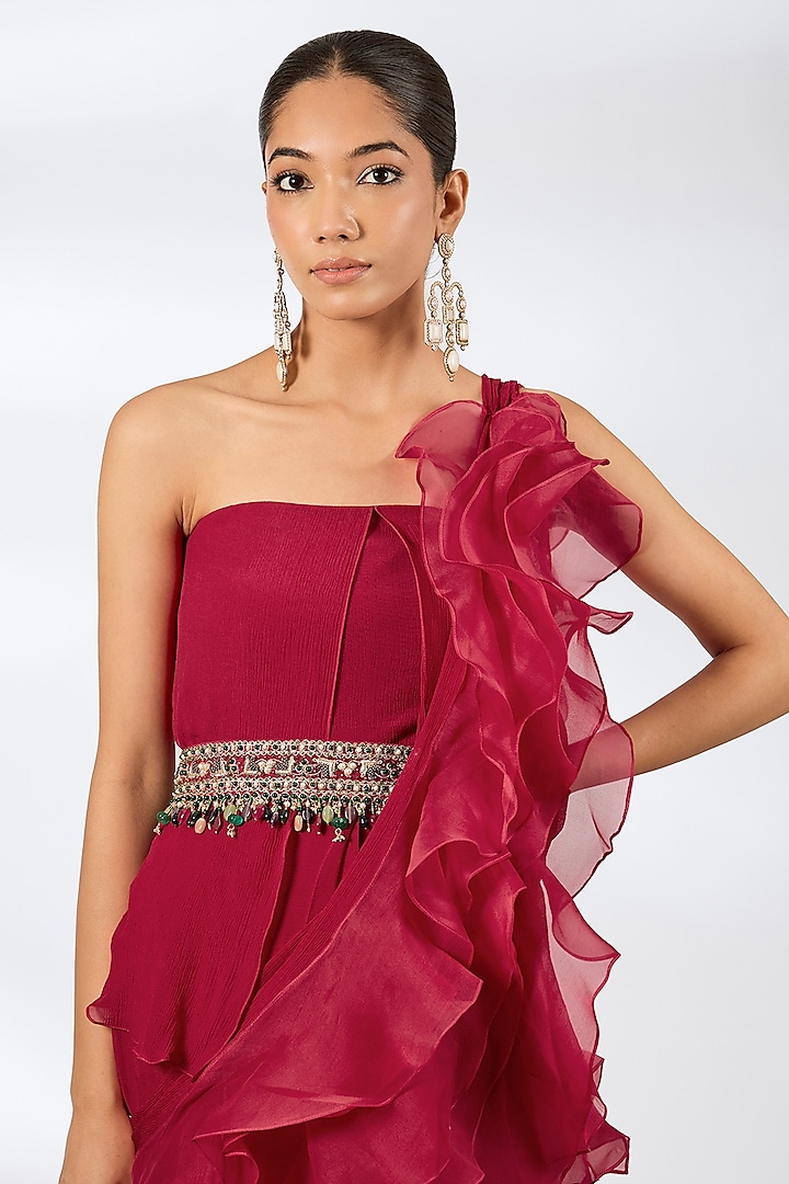 Red Chiffon & Organza Ruffled Reception Gown Saree With Belt by Ridhi Mehra at Pernia's Pop Up Shop