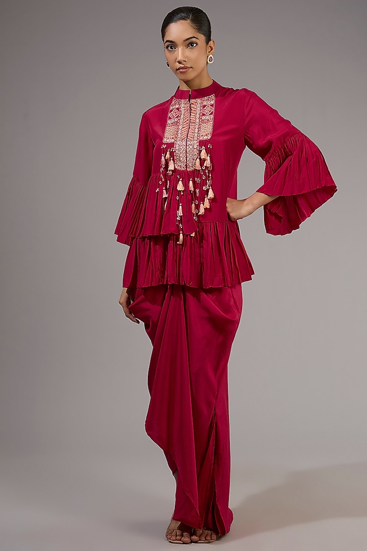 Red Habutai Silk Draped Skirt Set by Ridhi Mehra at Pernia's Pop Up Shop