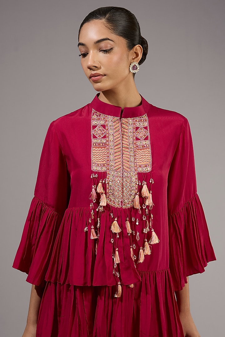 Red Habutai Silk Draped Skirt Set by Ridhi Mehra at Pernia's Pop Up Shop