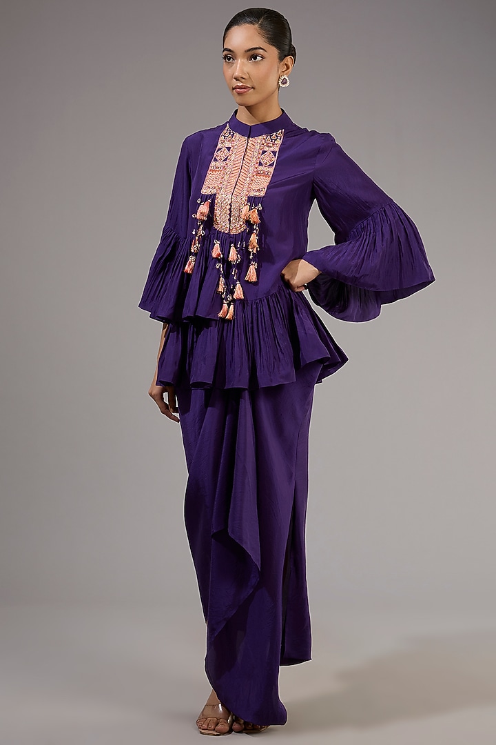Purple Habutai Silk Draped Skirt Set by Ridhi Mehra at Pernia's Pop Up Shop