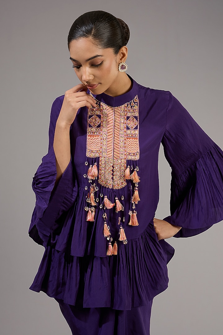 Purple Habutai Silk Draped Skirt Set by Ridhi Mehra at Pernia's Pop Up Shop