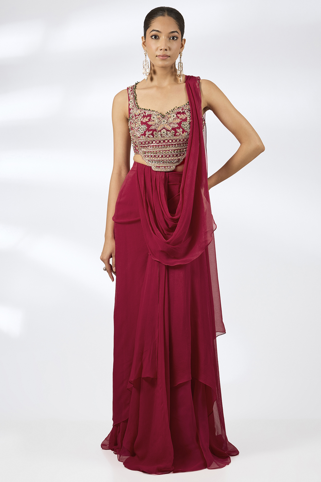 Red Chiffon Draped Reception Saree Set by Ridhi Mehra at Pernia's Pop Up Shop