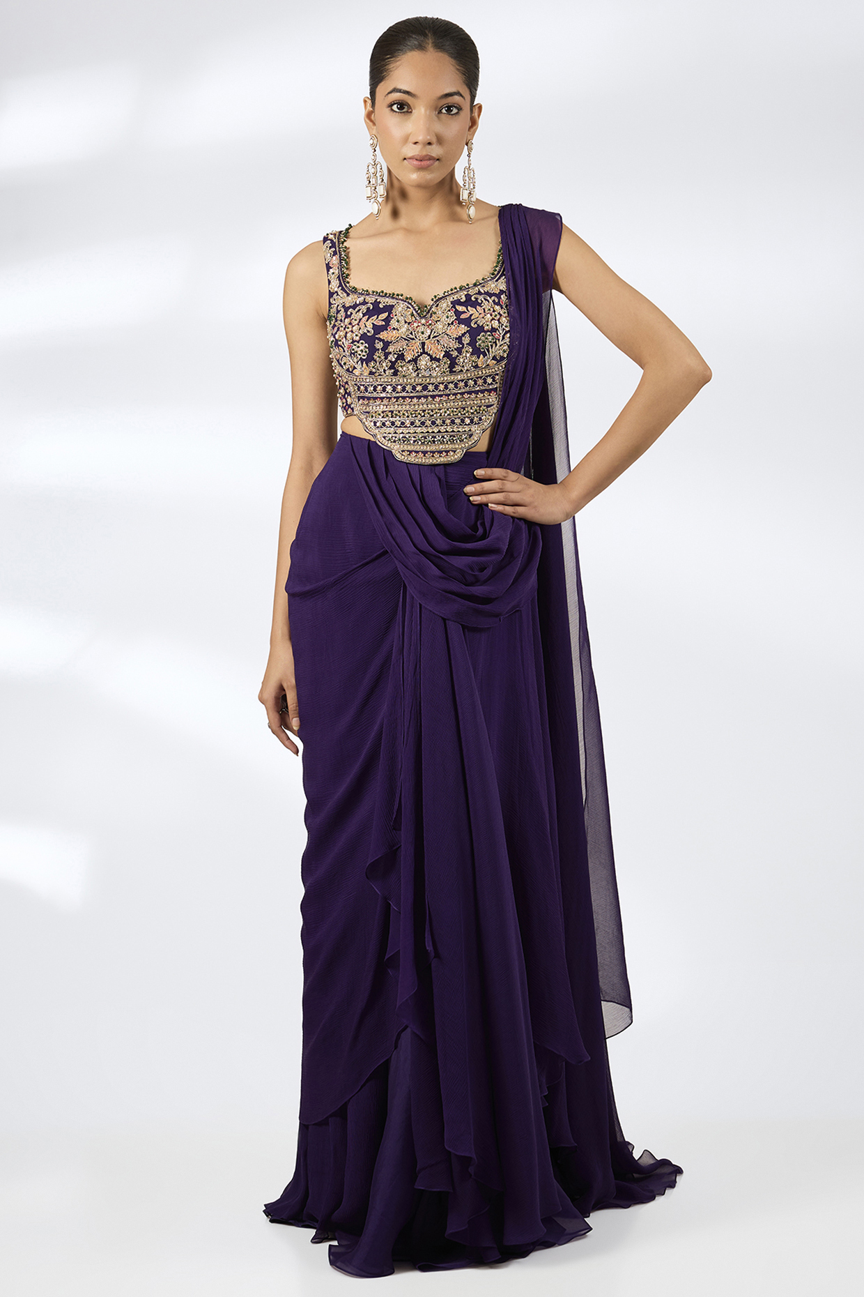 Purple Chiffon Draped Reception Saree Set by Ridhi Mehra at Pernia's Pop Up Shop