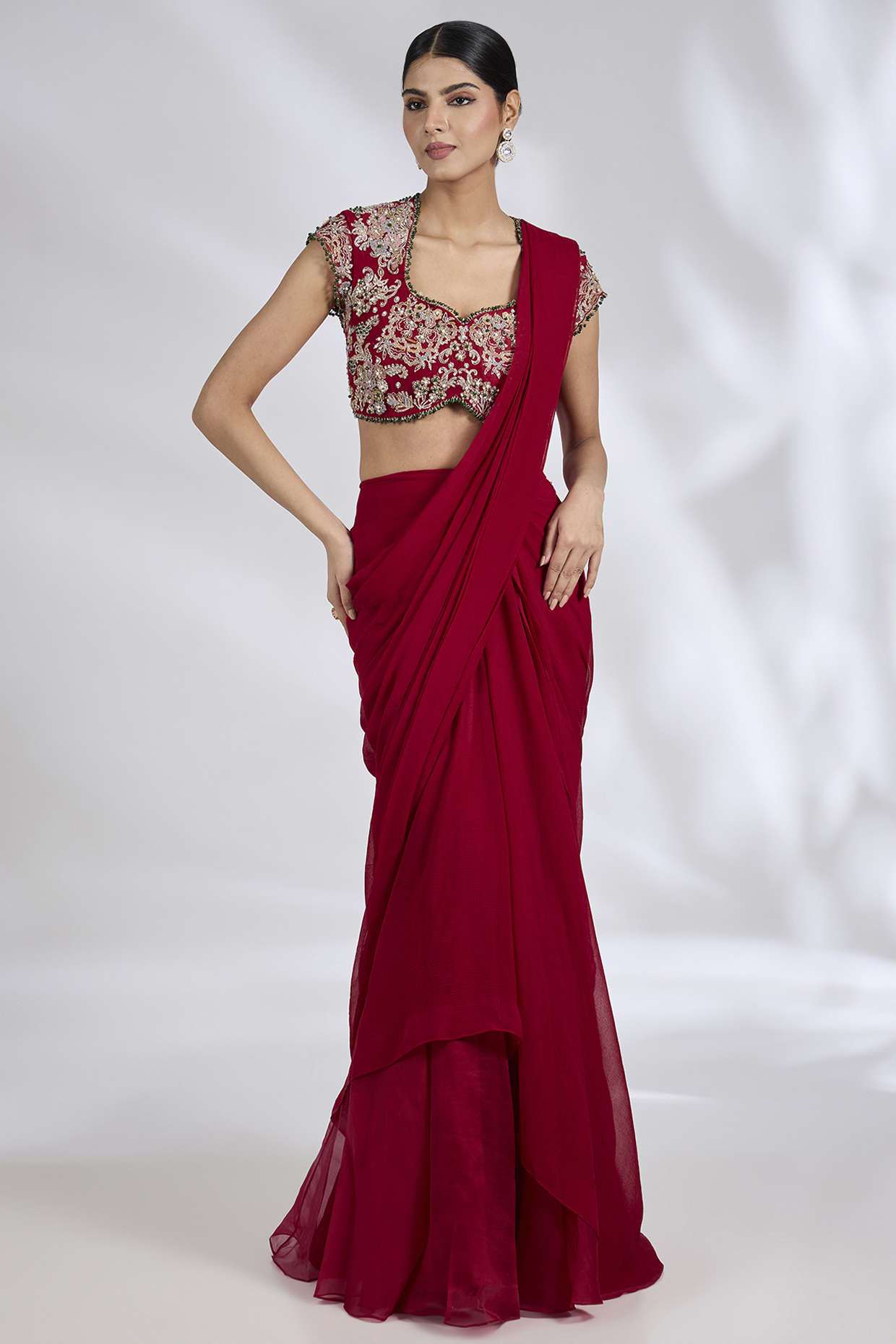 Red Chiffon Organza Draped Reception Saree Set by Ridhi Mehra at Pernia's Pop Up Shop