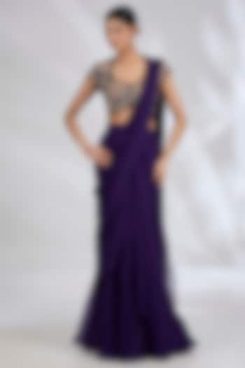 Purple Chiffon Organza Draped Reception Saree Set by Ridhi Mehra at Pernia's Pop Up Shop