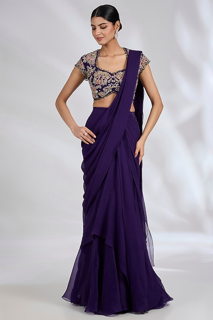Purple Chiffon Organza Draped Reception Saree Set by Ridhi Mehra at Pernia's Pop Up Shop