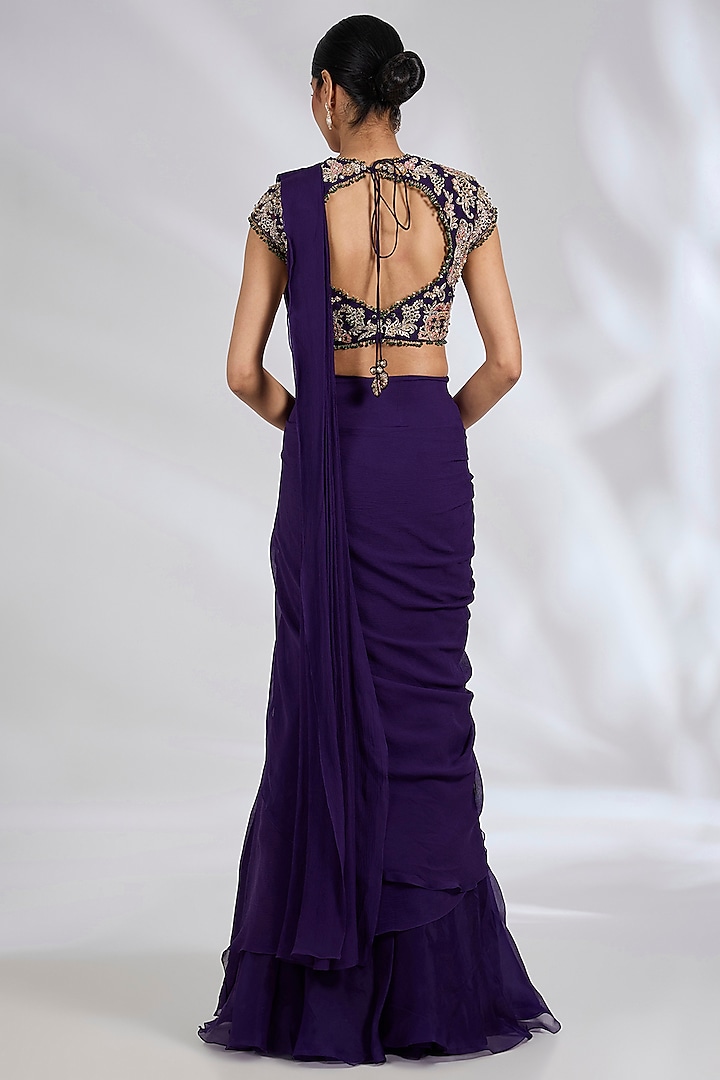 Purple Chiffon Organza Draped Reception Saree Set by Ridhi Mehra at Pernia's Pop Up Shop