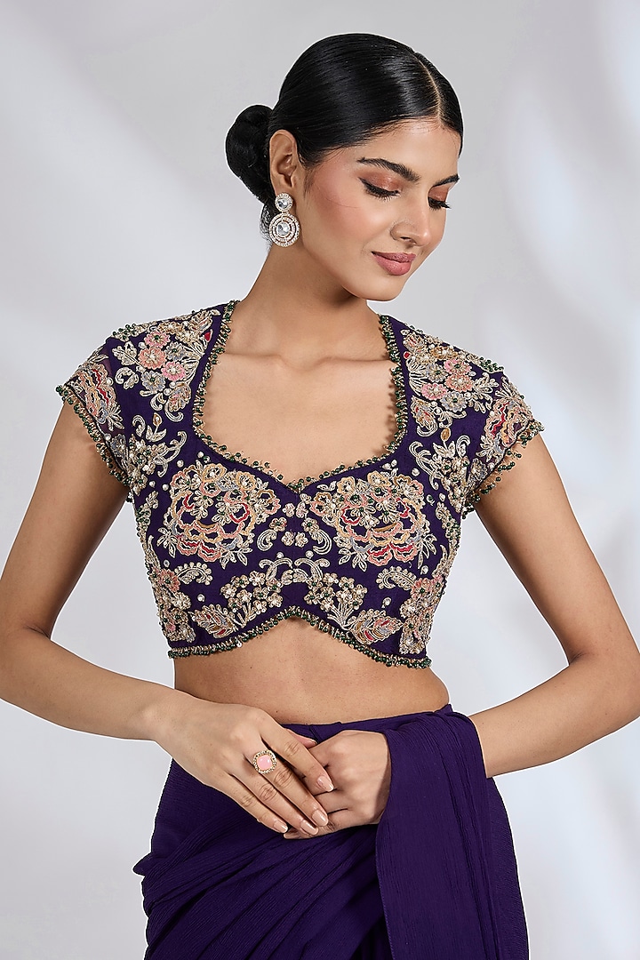 Purple Chiffon Organza Draped Reception Saree Set by Ridhi Mehra at Pernia's Pop Up Shop