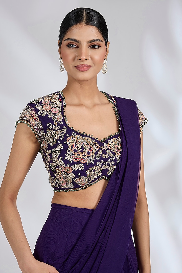 Purple Chiffon Organza Draped Reception Saree Set by Ridhi Mehra at Pernia's Pop Up Shop