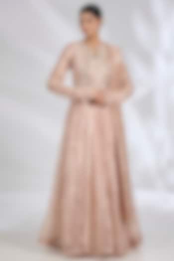 Water Gold Tissue Embroidered Bridal Anarkali Set by Ridhi Mehra at Pernia's Pop Up Shop