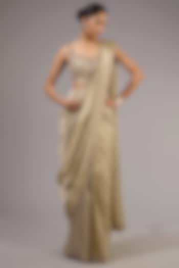 Light Gold Tissue Pre-Stitched Reception Saree Set by Ridhi Mehra at Pernia's Pop Up Shop