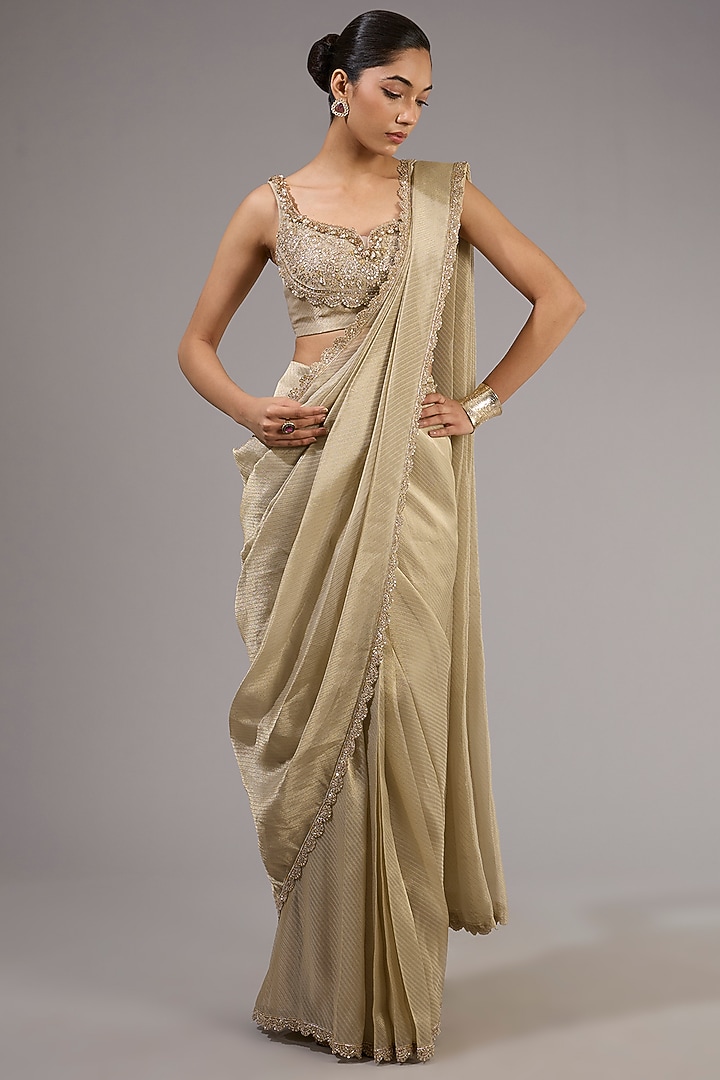 Light Gold Tissue Pre-Stitched Reception Saree Set by Ridhi Mehra at Pernia's Pop Up Shop
