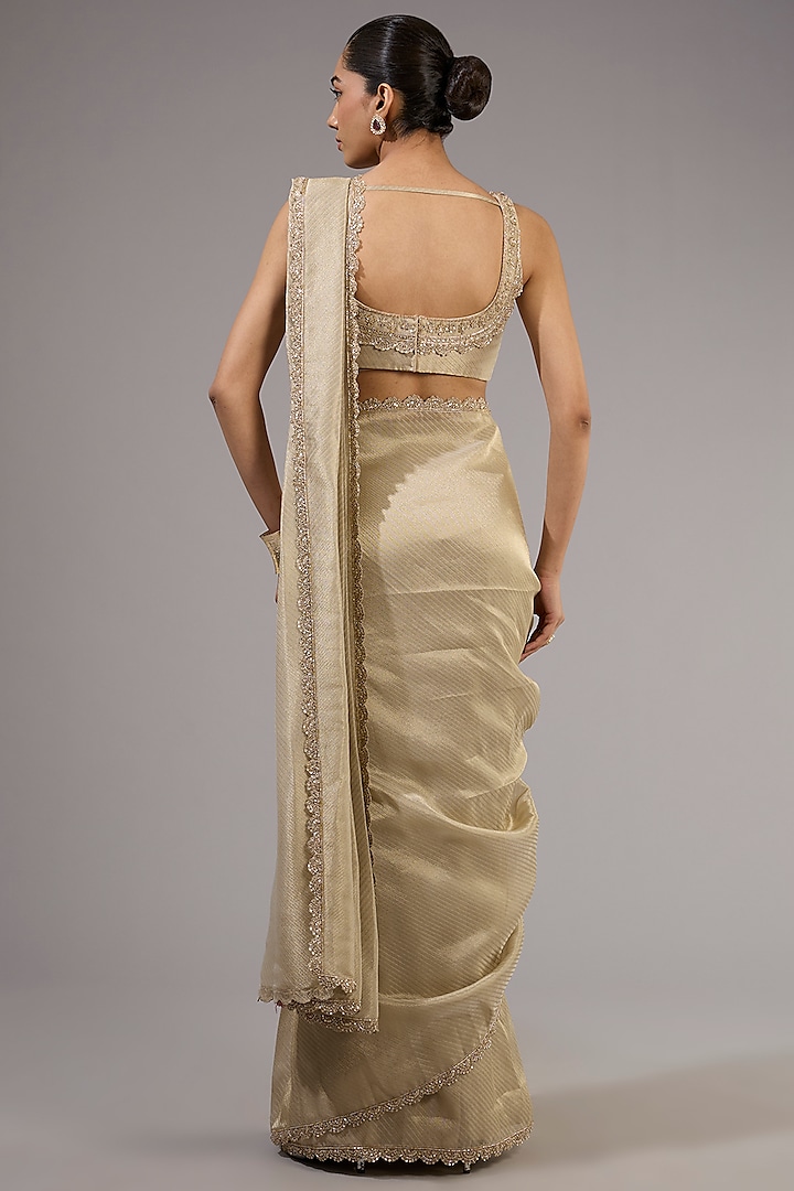 Light Gold Tissue Pre-Stitched Reception Saree Set by Ridhi Mehra at Pernia's Pop Up Shop