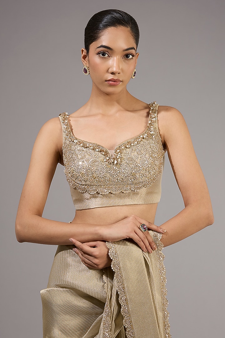 Light Gold Tissue Pre-Stitched Reception Saree Set by Ridhi Mehra at Pernia's Pop Up Shop