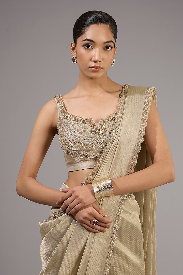 Light Gold Tissue Pre-Stitched Reception Saree Set by Ridhi Mehra at Pernia's Pop Up Shop