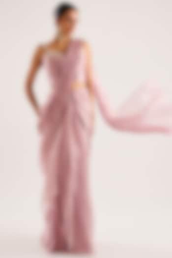 Lilac Tissue Draped Ruffled Reception Saree Set by Ridhi Mehra at Pernia's Pop Up Shop