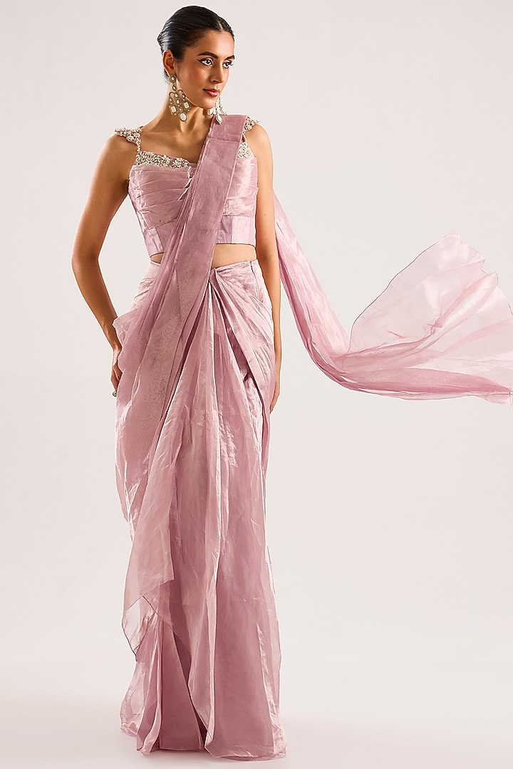 Lilac Tissue Draped Ruffled Reception Saree Set by Ridhi Mehra at Pernia's Pop Up Shop
